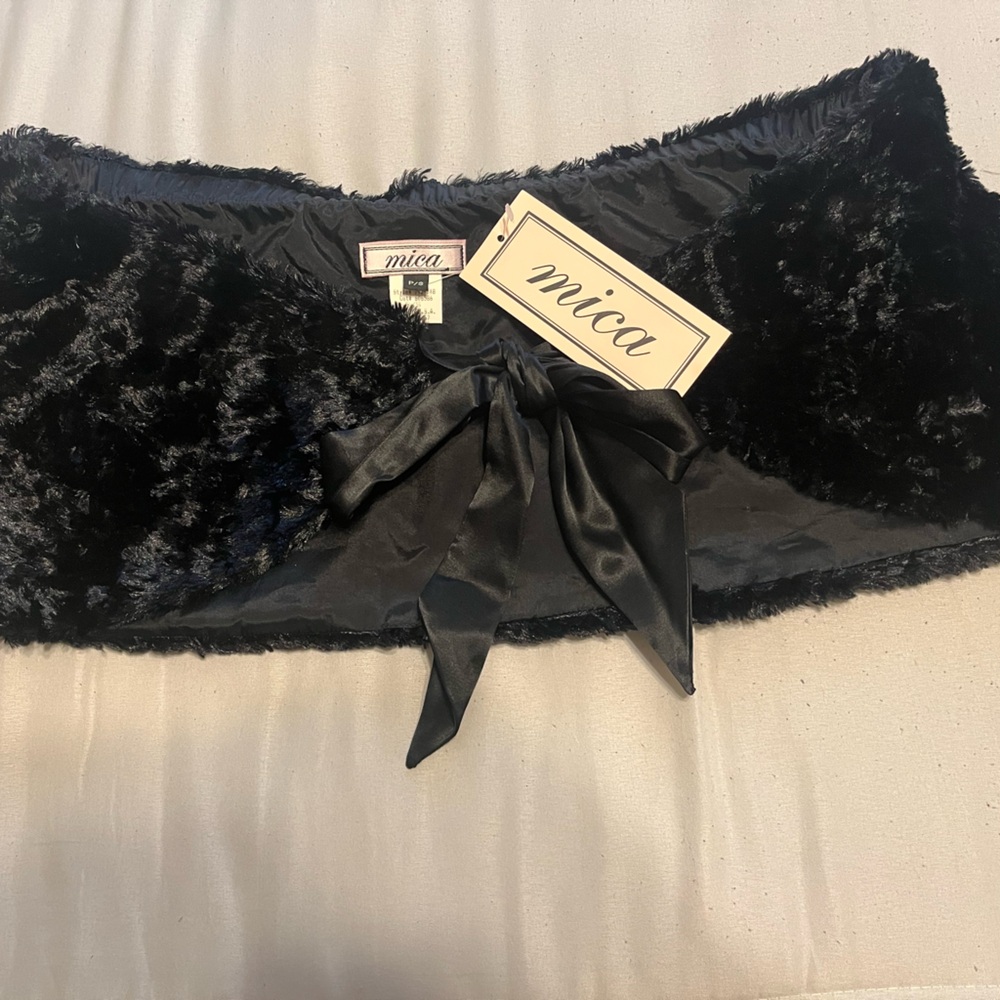 Black Plush Cape with Satin Ribbon Detail